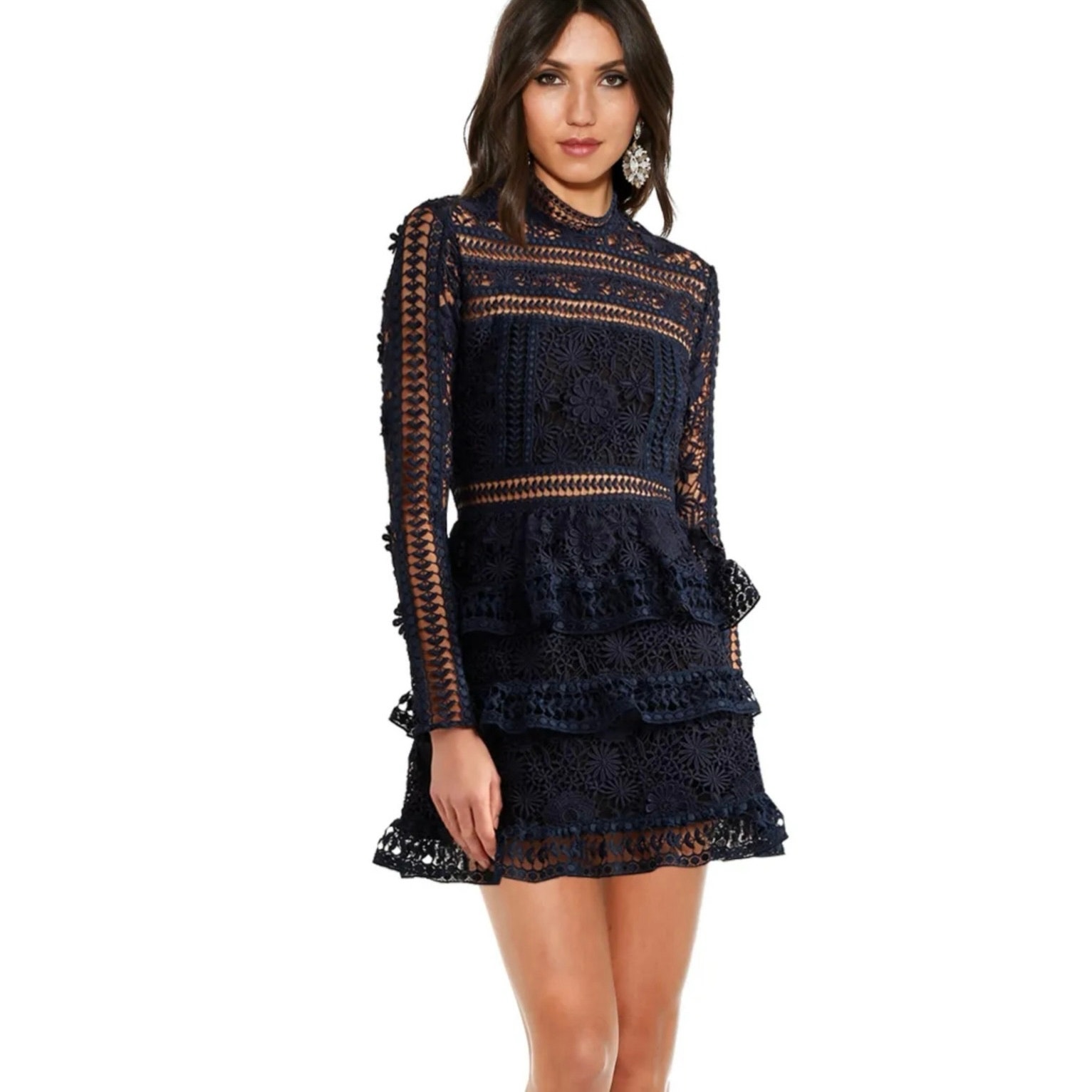 Self Portrait Navy Ava Guipure Lace Cut Tiered Long Sleeve Mini Dress Size 6